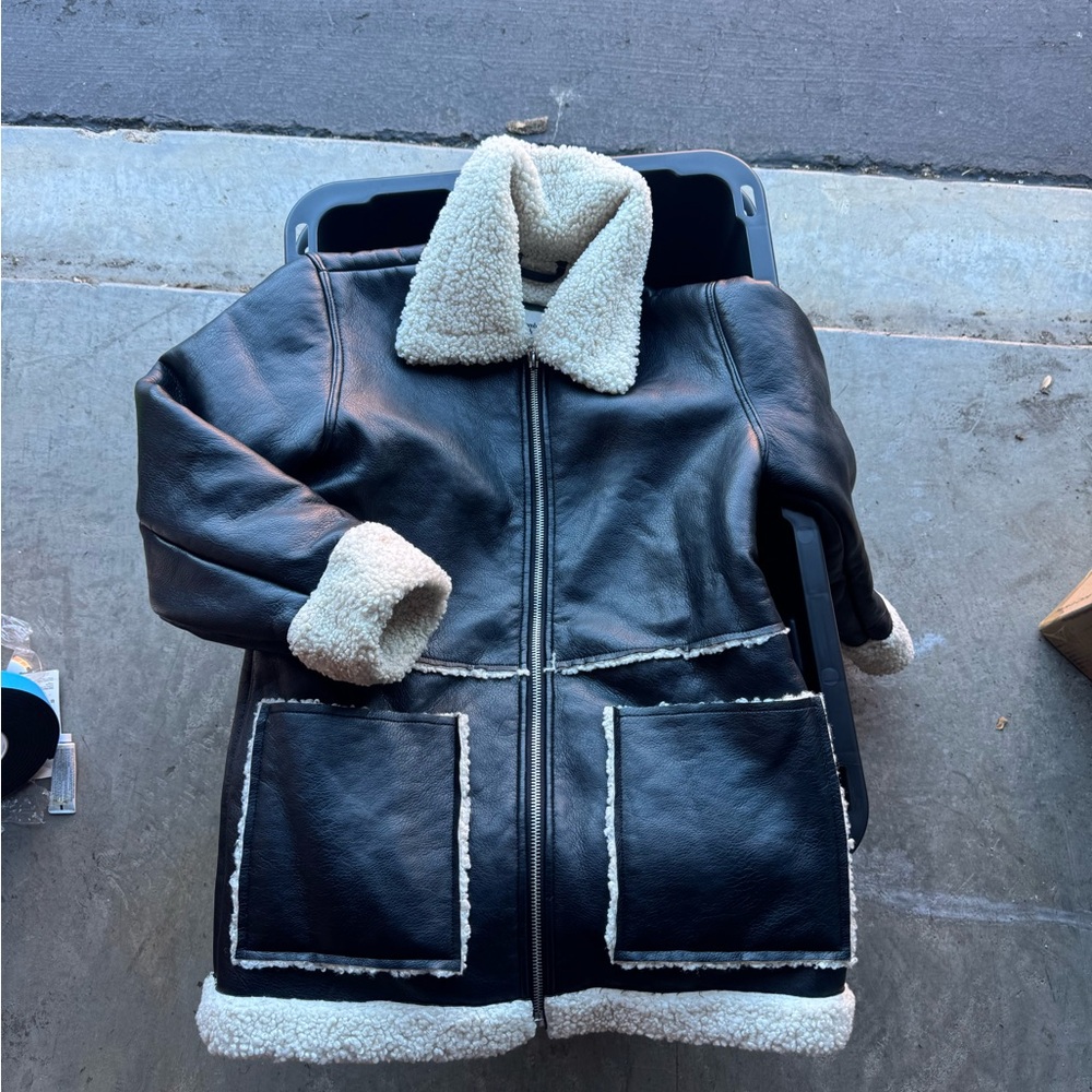 Abercrombie & Fitch Black Leather Jacket with White Shearling